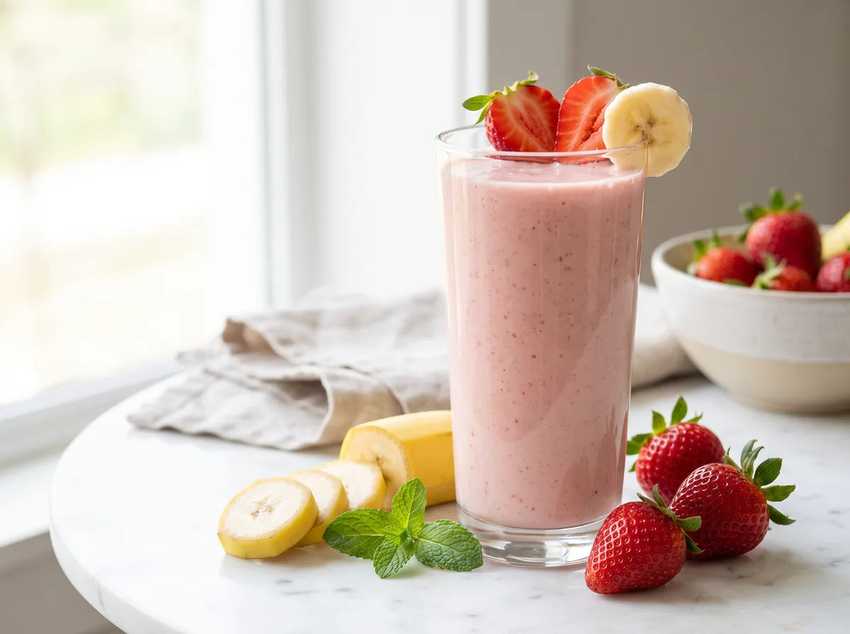 Rózsaszín epres-banános durián smoothie pohárban, friss eperrel