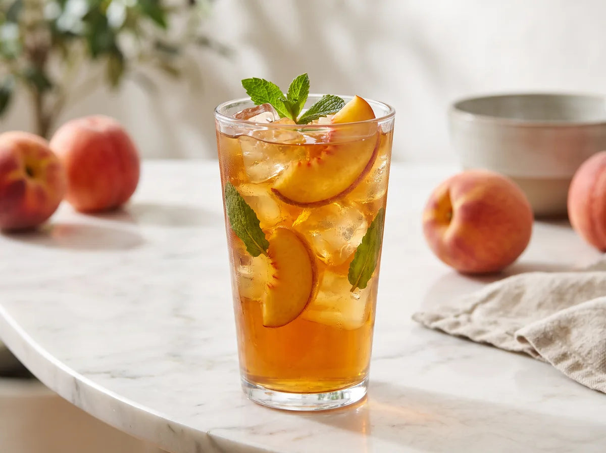 Jeges őszibarack tea duriánnal, magas pohárban friss őszibarackszeletekkel