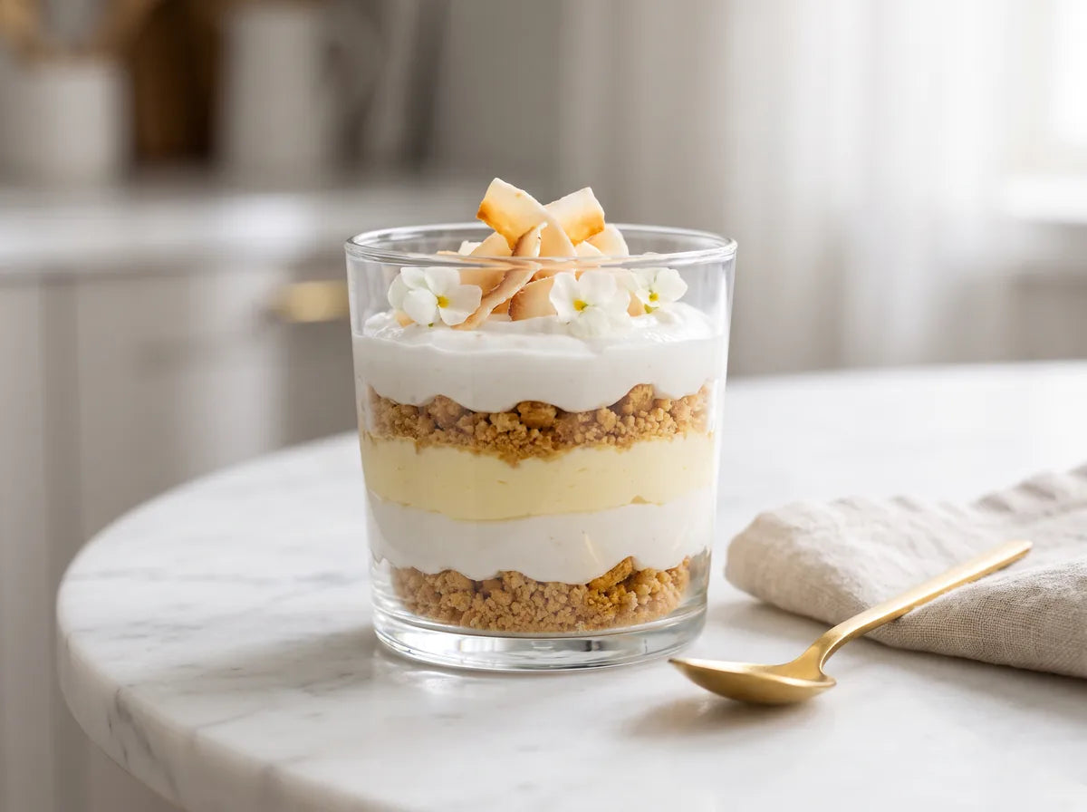 Rétegzett kókuszos mascarpone pohárkrém duriánnal, kekszmorzsával