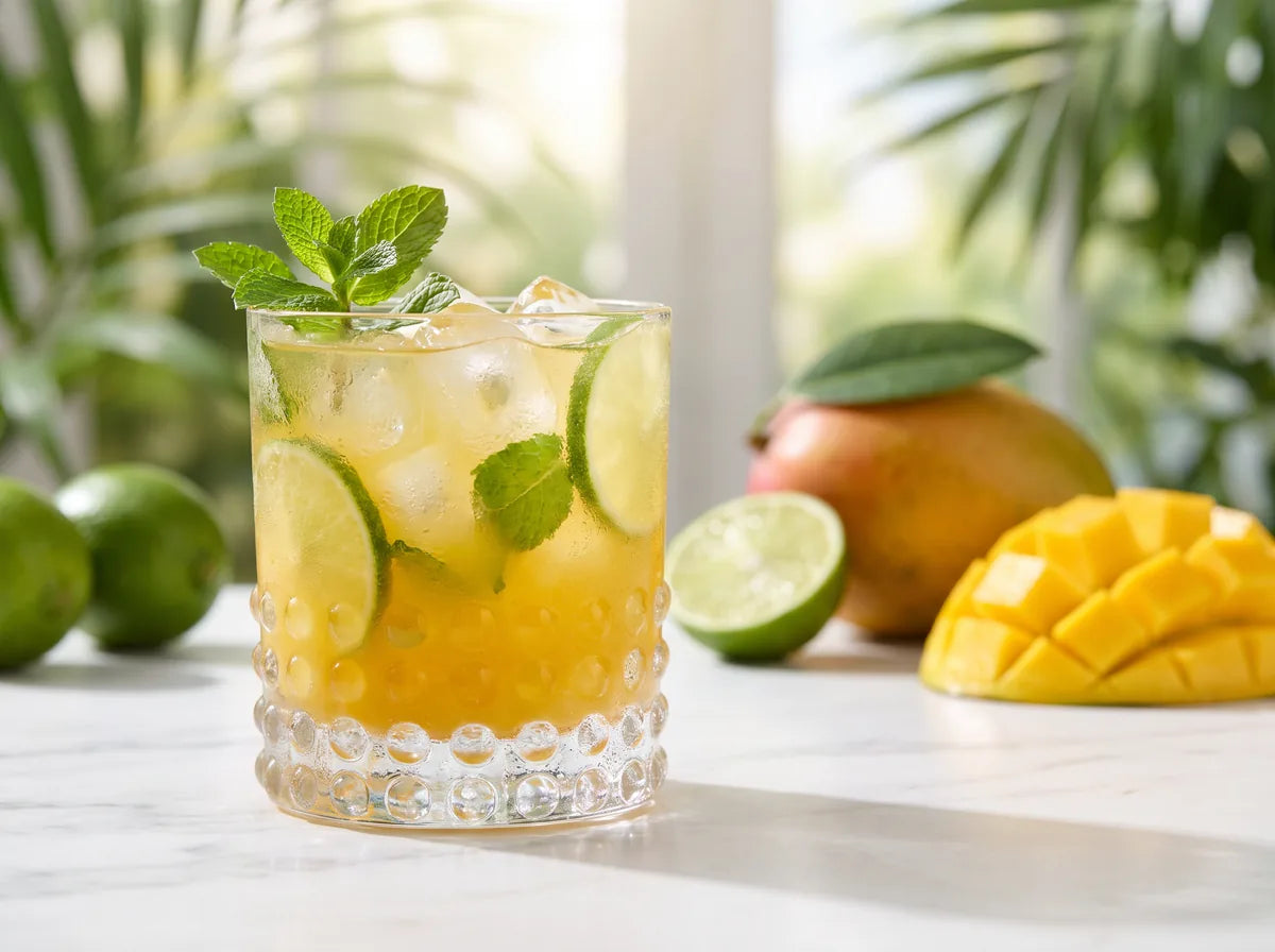 Jeges mangós-citrusos durián frissítő pohárban, lime-karikával és friss mentalevéllel