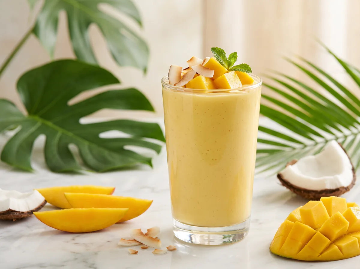 Trópusi mangó-kókusz smoothie duriánnal, vastag krémes állaggal pohárban