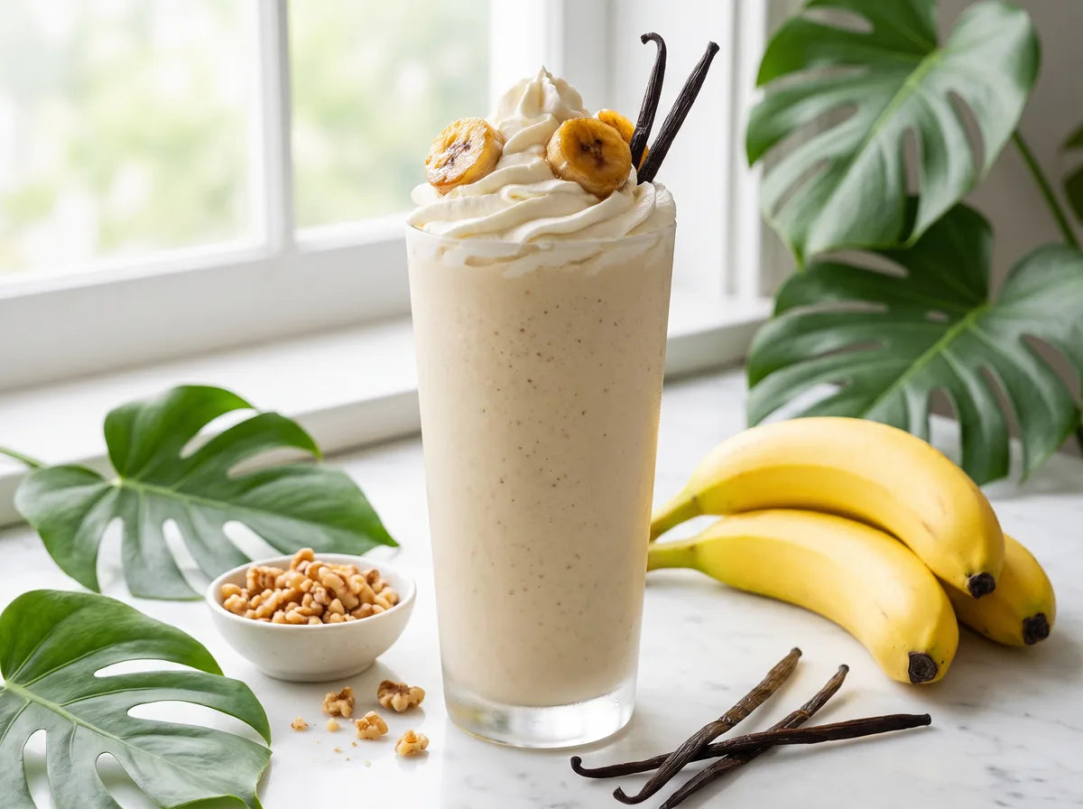 Krémes vaníliás banán shake duriánnal, magas pohárban