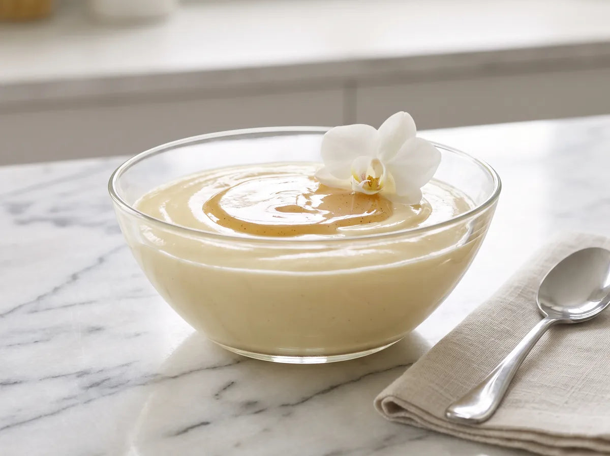 Vaníliás durián panna cotta pohárban, friss mangókockákkal a tetején